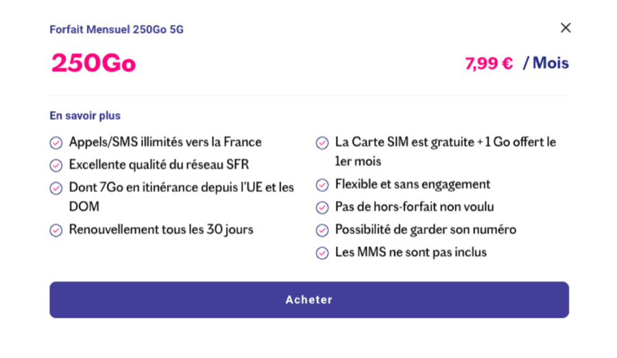 Les détails de l’offre Lebara 250Go 5G