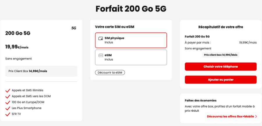 Les détails du forfait SFR 200Go 5G