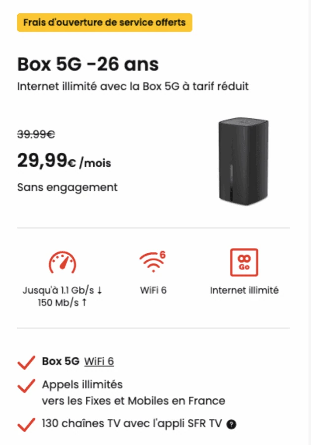 Box 5G SFR -26 ans : internet illimité, sans engagement et à prix réduit