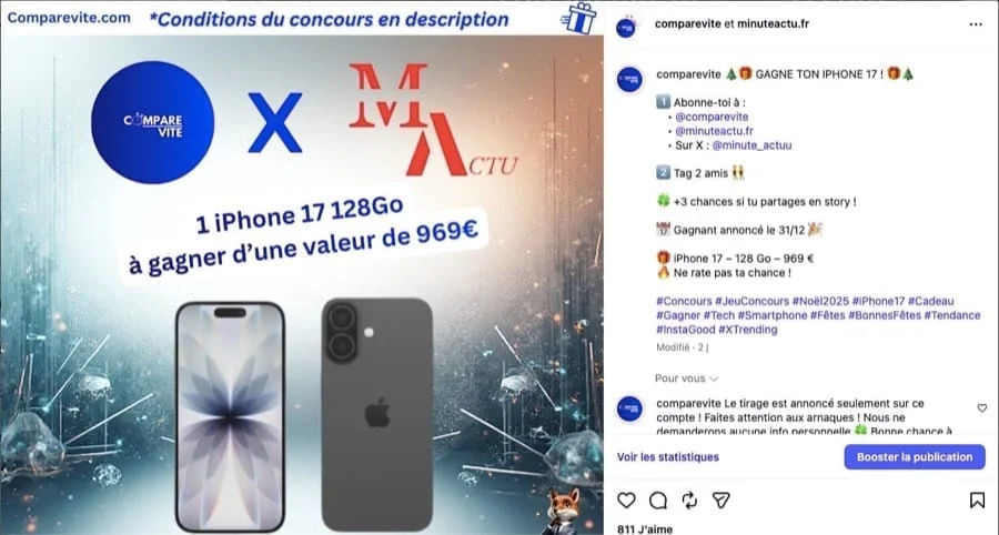 Jeu concours de Noël : gagnez un iPhone 17 256 Go avec CompareVite et MinuteActu.fr
