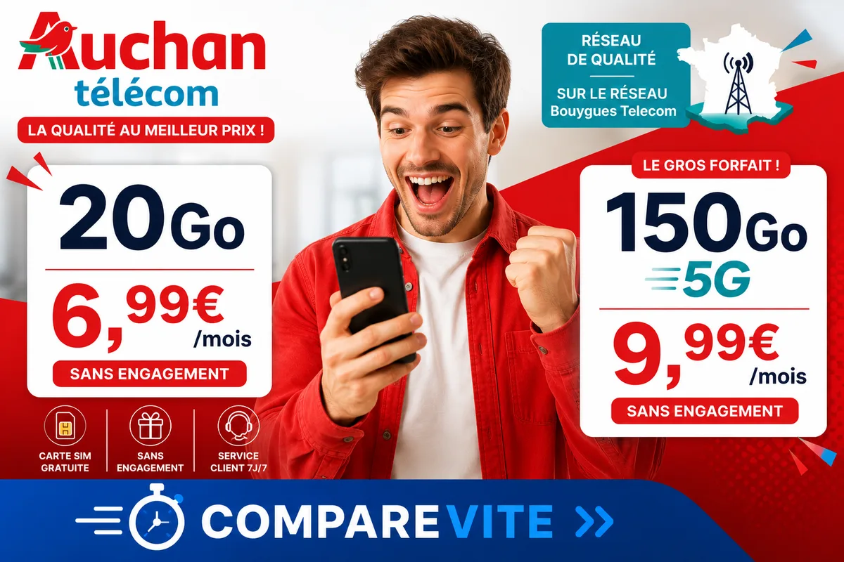 Auchan Télécom : 20 Go à 6,99€ et 150 Go 5G à 9,99€/mois sans engagement