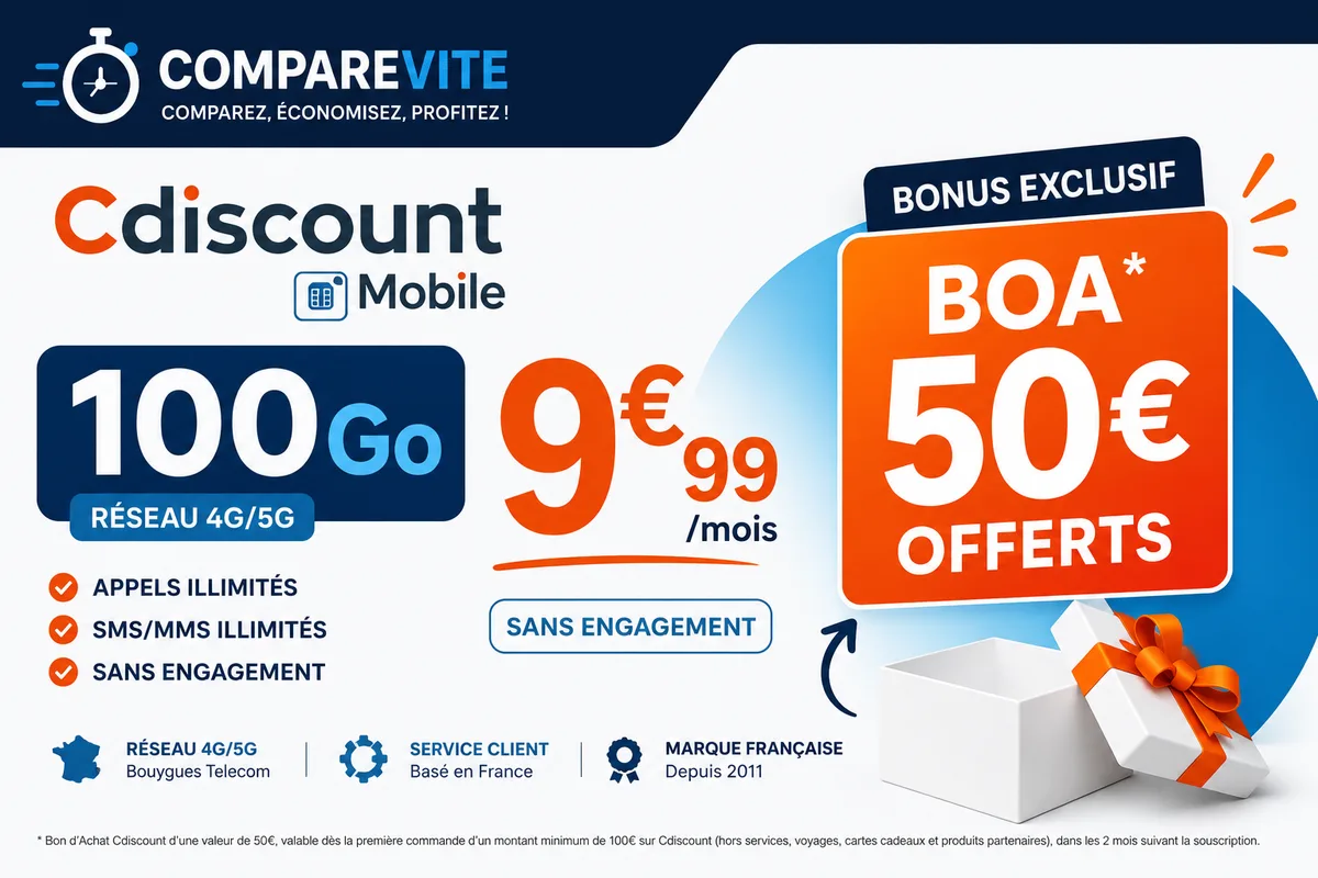 Cdiscount 100 Go 5G à 9,99€ avec 50€ offerts : le bon plan data du moment